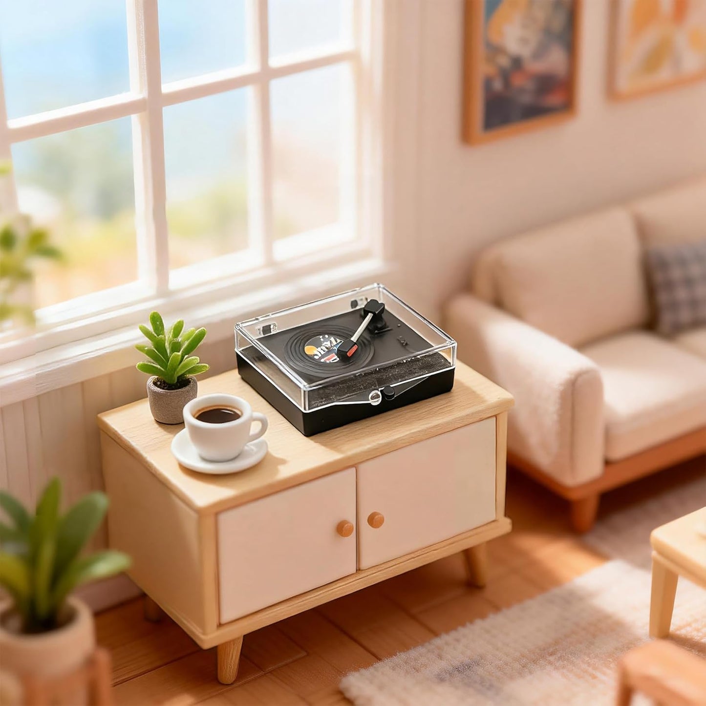 1:12 Scale Mini Record Player with 4 Pcs Miniature Records Set, Realistic Vinyl Records Model, Exquisite Dollhouse Furniture & Accessories