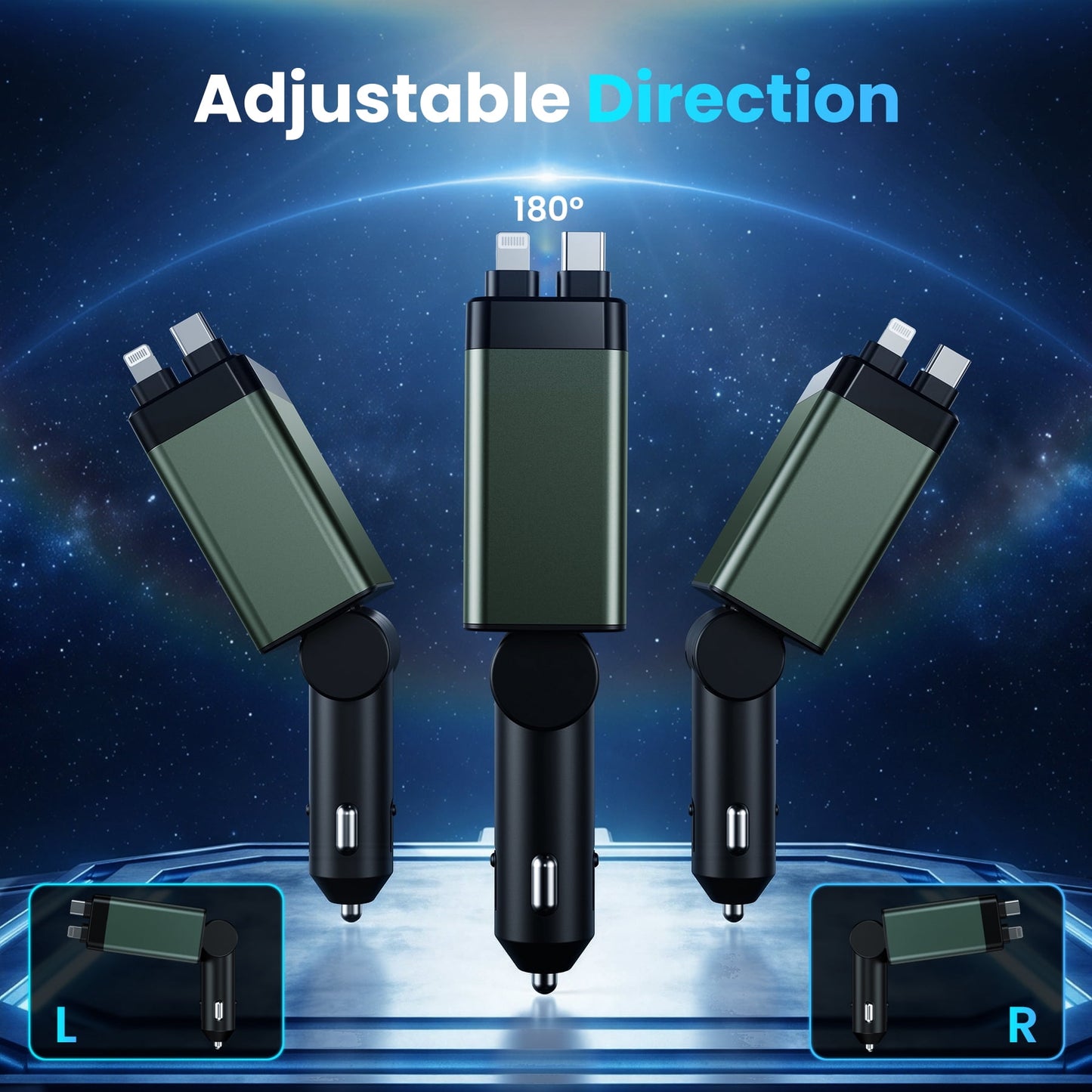 Ultimate 4-in-1 Retractable Car Charger Adapter - 150W Fast Charging with Adjustable Angle and Voltage Display in Vibrant Green