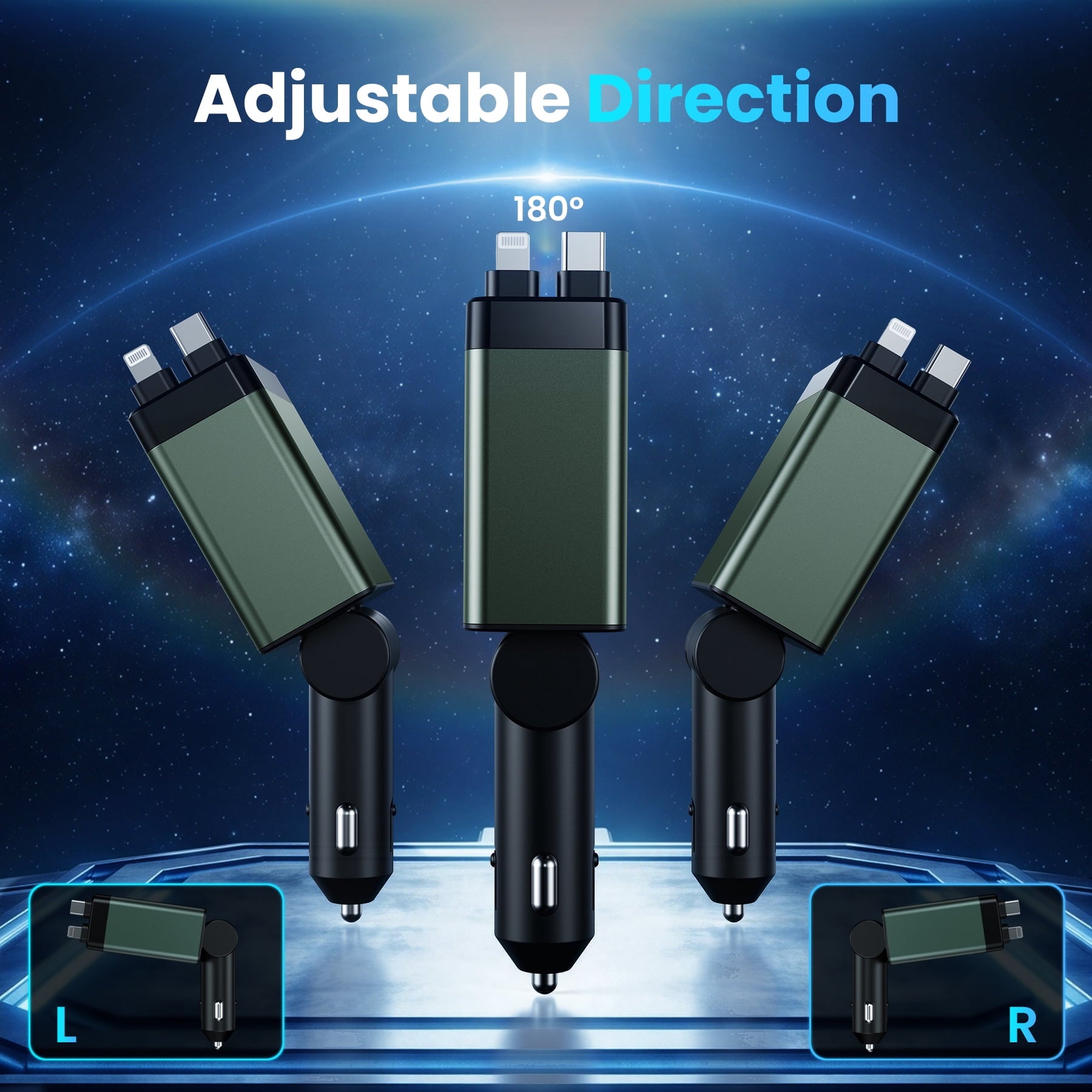 Ultimate 4-in-1 Retractable Car Charger Adapter - 150W Fast Charging with Adjustable Angle and Voltage Display in Vibrant Green