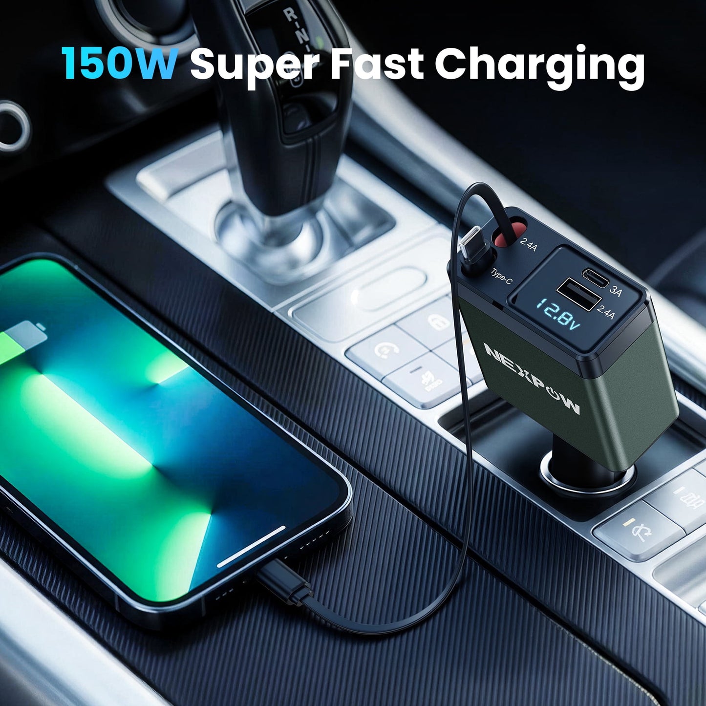 Ultimate 4-in-1 Retractable Car Charger Adapter - 150W Fast Charging with Adjustable Angle and Voltage Display in Vibrant Green