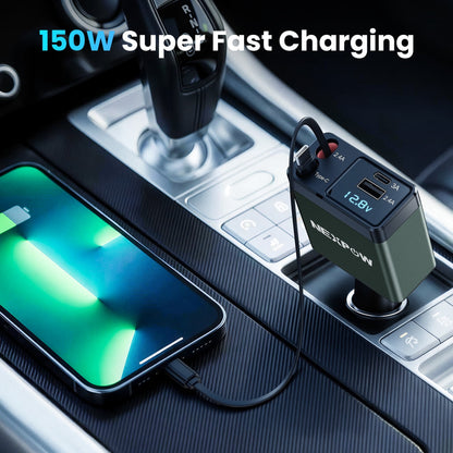 Ultimate 4-in-1 Retractable Car Charger Adapter - 150W Fast Charging with Adjustable Angle and Voltage Display in Vibrant Green