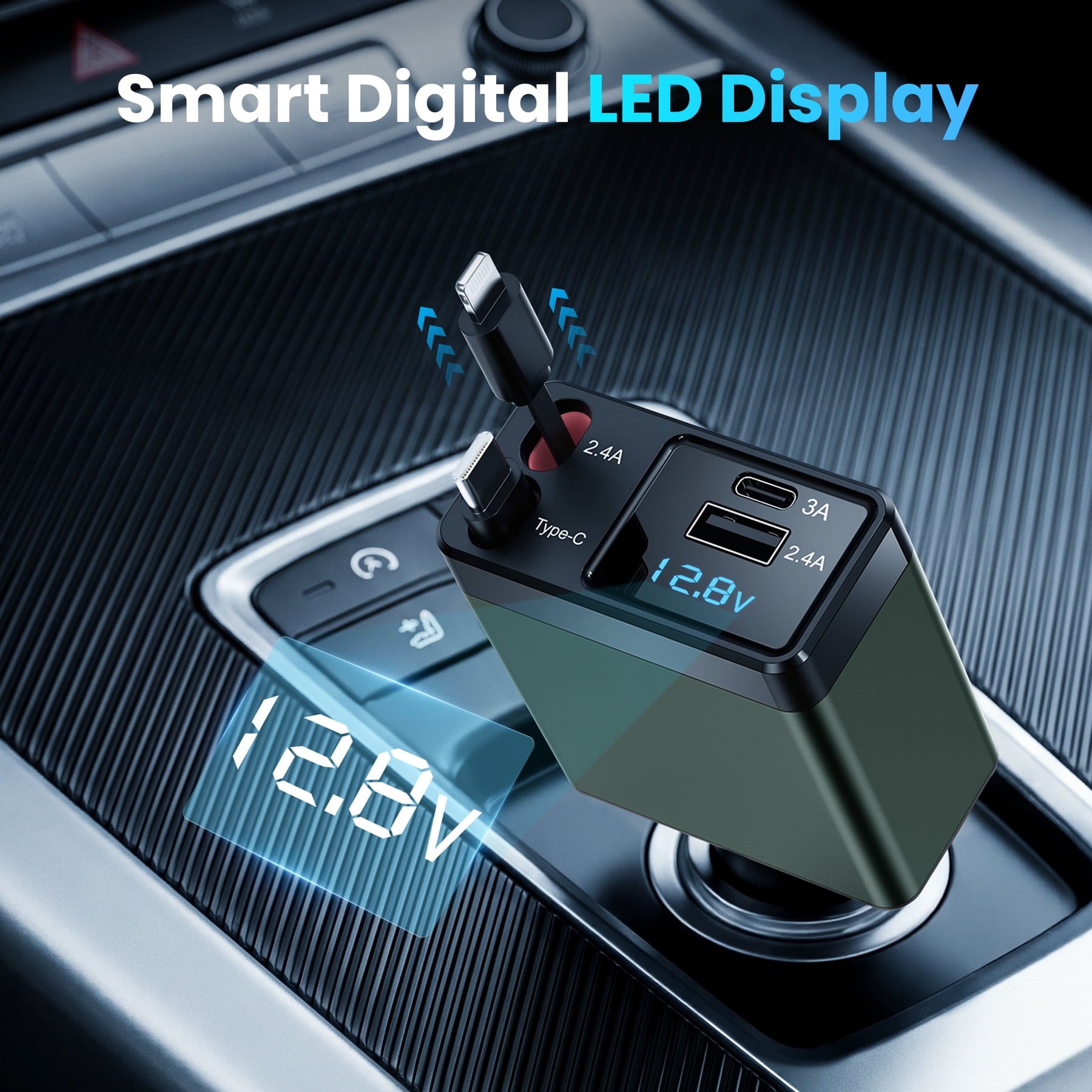 Ultimate 4-in-1 Retractable Car Charger Adapter - 150W Fast Charging with Adjustable Angle and Voltage Display in Vibrant Green