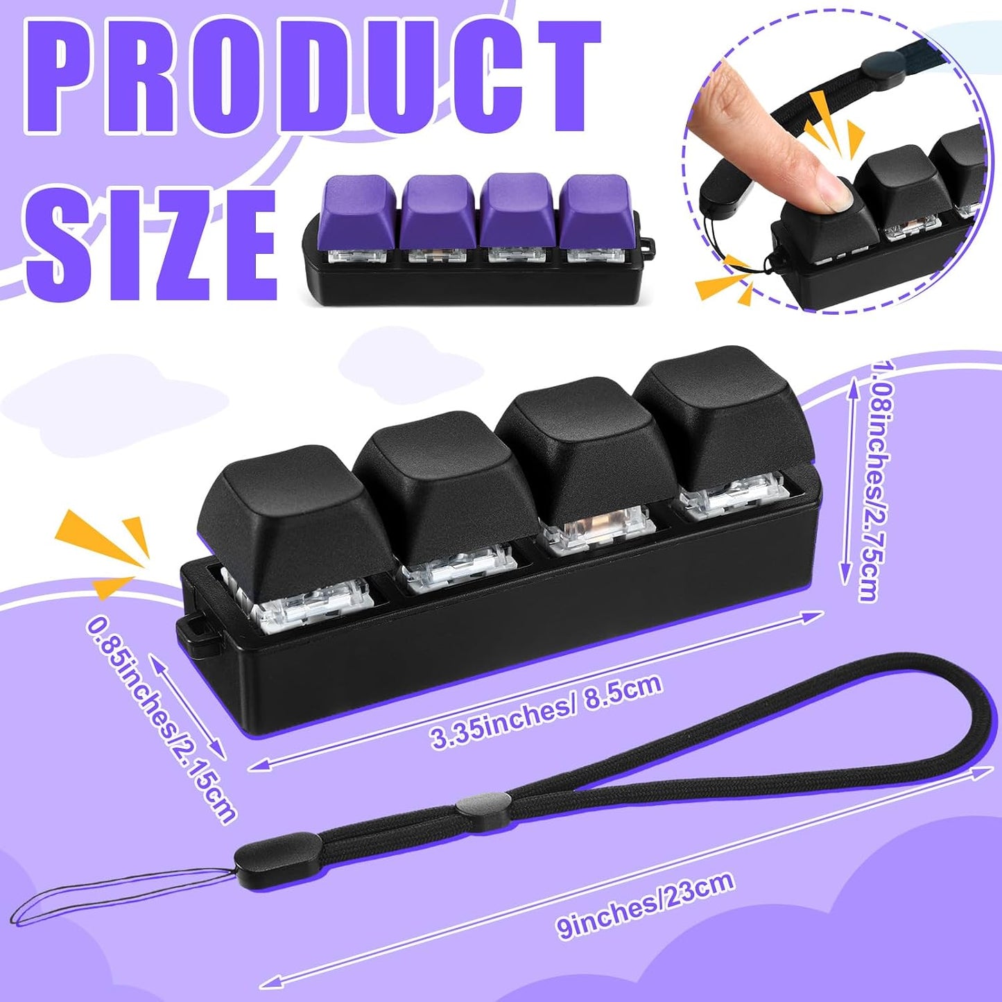 Set of 2 Keyboard Fidget Toys - Four-Button Clicker Keychain for Stress Relief and Focus Enhancement (Black, Purple)