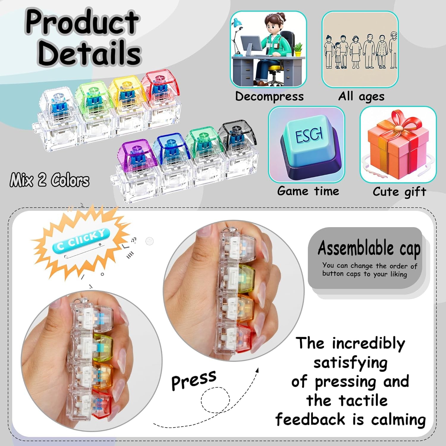 2 PCS Keyboard Fidget Toy, Keyboard Fidget Keychain 4-In-1 Keyboard Decompression Button Finger Clicker Toys, Keychain Button Stress Relief Fidget Gifts to Relief Stress (Transparent)