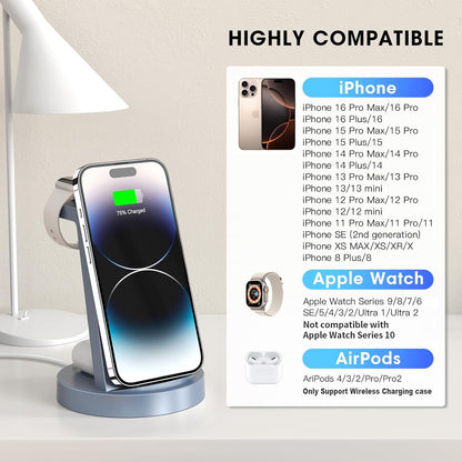 Ultimate 3-in-1 Wireless Charging Station for iPhone, Apple Watch & AirPods - Fast Charging Dock in Blue