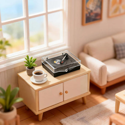 1:12 Scale Mini Record Player with 4 Pcs Miniature Records Set, Realistic Vinyl Records Model, Exquisite Dollhouse Furniture & Accessories