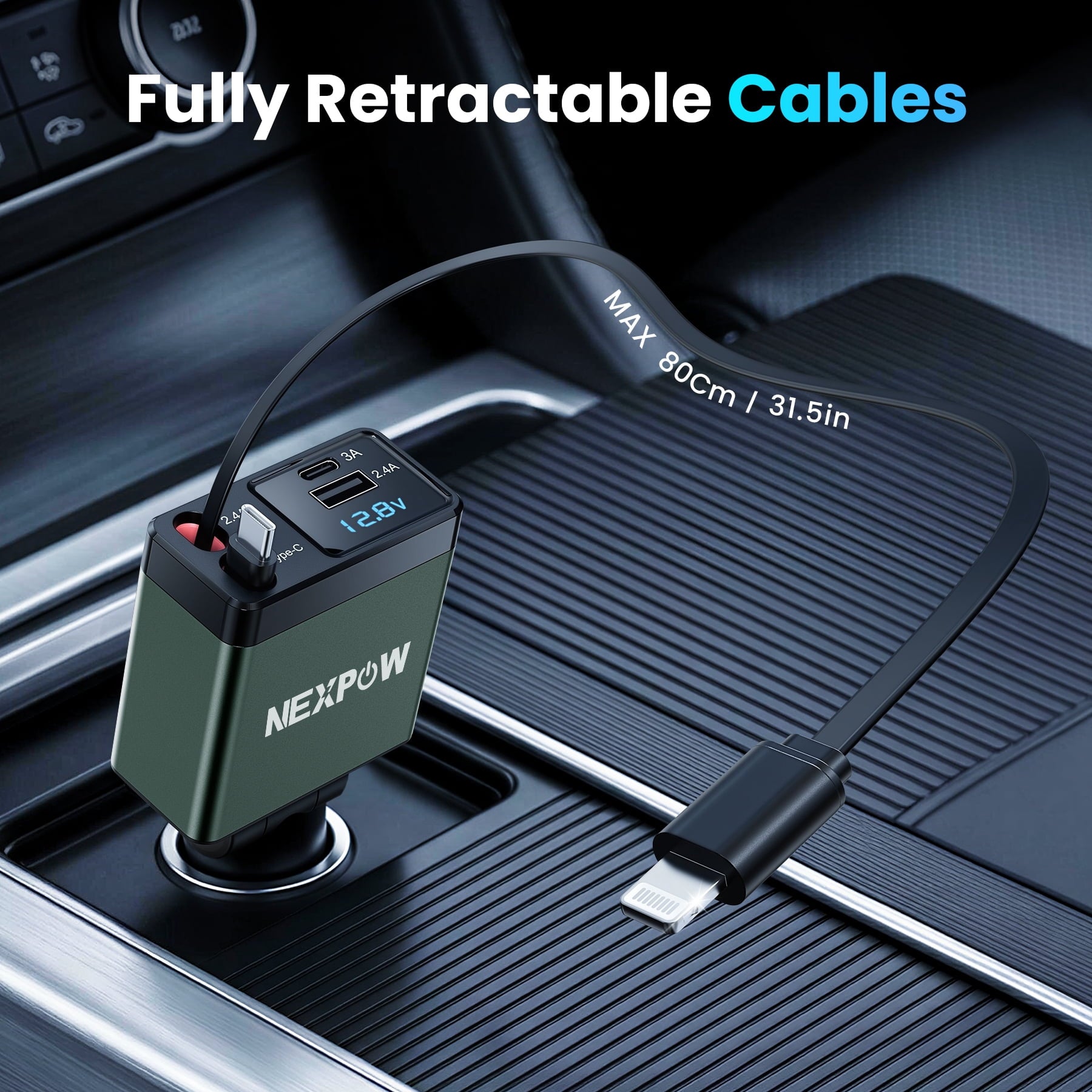 Ultimate 4-in-1 Retractable Car Charger Adapter - 150W Fast Charging with Adjustable Angle and Voltage Display in Vibrant Green