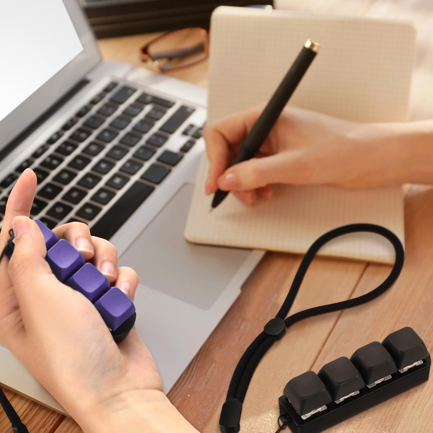 Set of 2 Keyboard Fidget Toys - Four-Button Clicker Keychain for Stress Relief and Focus Enhancement (Black, Purple)