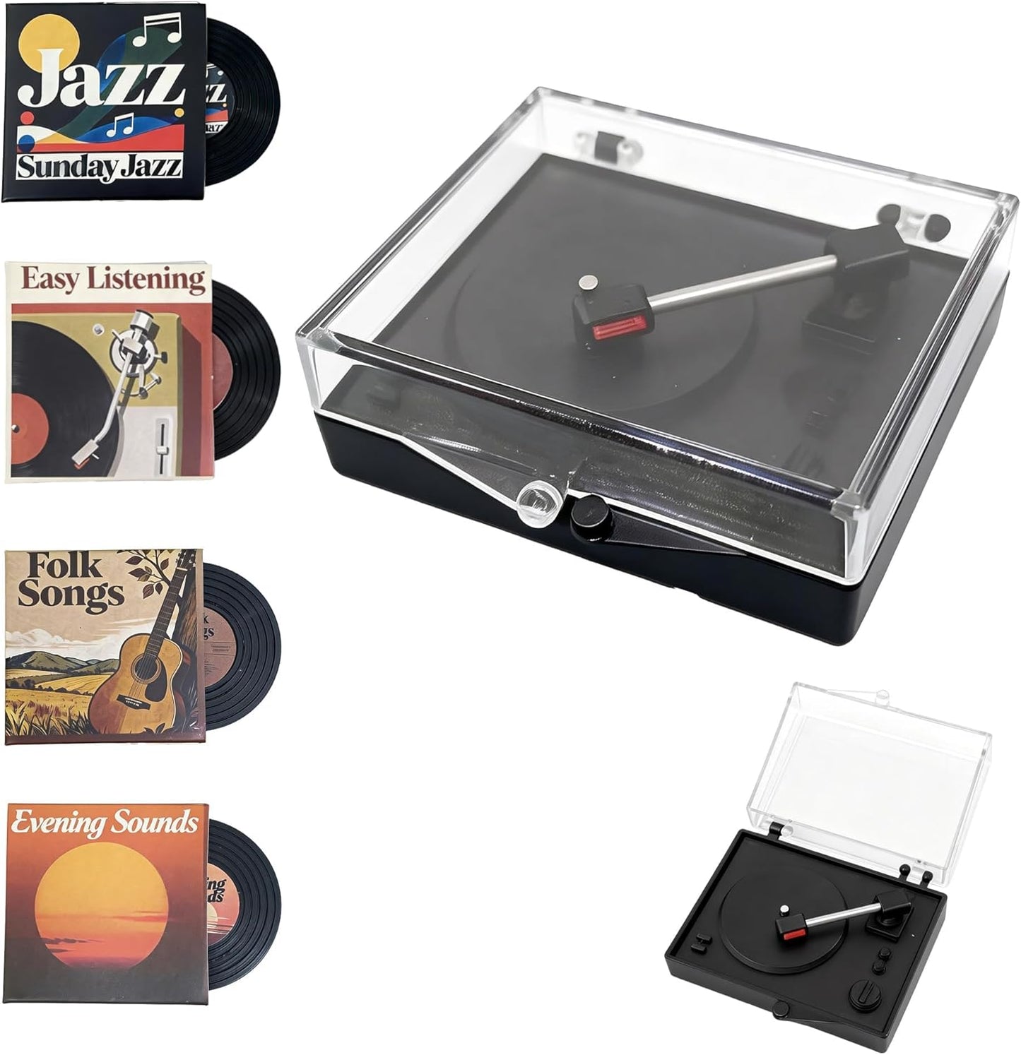 1:12 Scale Mini Record Player with 4 Pcs Miniature Records Set, Realistic Vinyl Records Model, Exquisite Dollhouse Furniture & Accessories