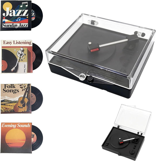 1:12 Scale Mini Record Player with 4 Pcs Miniature Records Set, Realistic Vinyl Records Model, Exquisite Dollhouse Furniture & Accessories