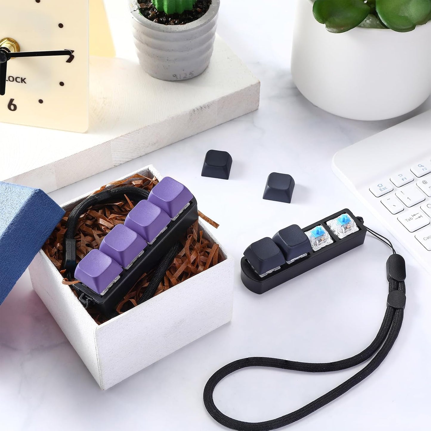 Set of 2 Keyboard Fidget Toys - Four-Button Clicker Keychain for Stress Relief and Focus Enhancement (Black, Purple)