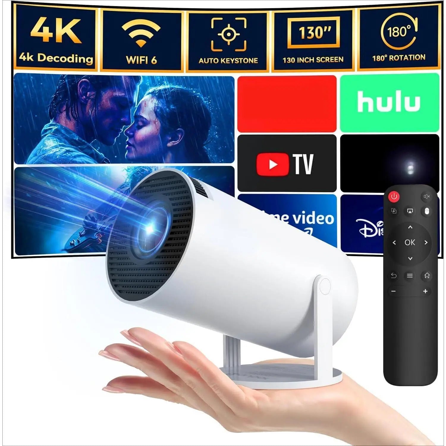 【Dealsforyou】 Portable Projector, 2.4/5G Wifi Smart Projector, 360° 4K HD LED , BT 5.2, 200 Inch Screen,Built-In Speaker, Home Video Projector,For Valentine’S Day Gift