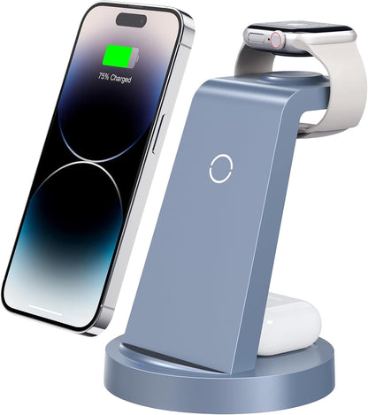 Ultimate 3-in-1 Wireless Charging Station for iPhone, Apple Watch & AirPods - Fast Charging Dock in Blue