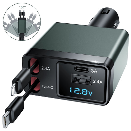 Ultimate 4-in-1 Retractable Car Charger Adapter - 150W Fast Charging with Adjustable Angle and Voltage Display in Vibrant Green