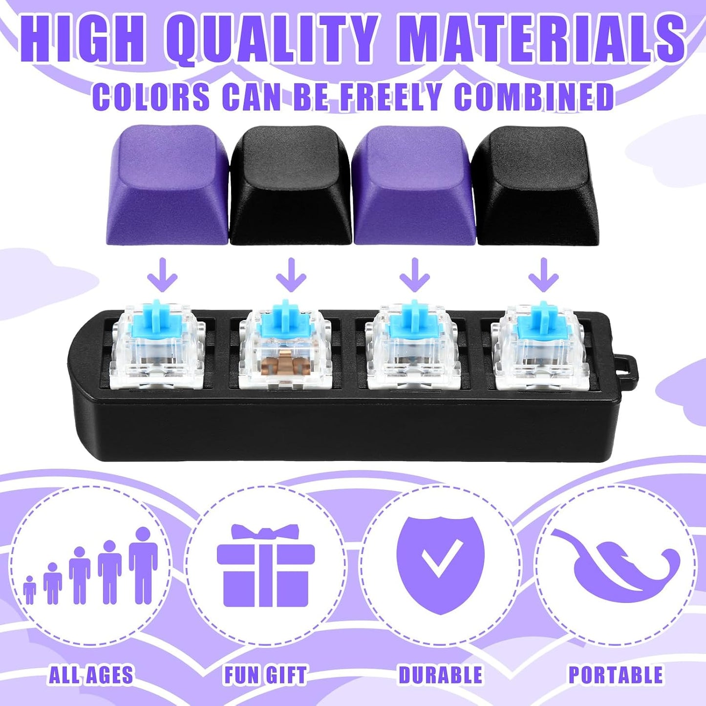 Set of 2 Keyboard Fidget Toys - Four-Button Clicker Keychain for Stress Relief and Focus Enhancement (Black, Purple)