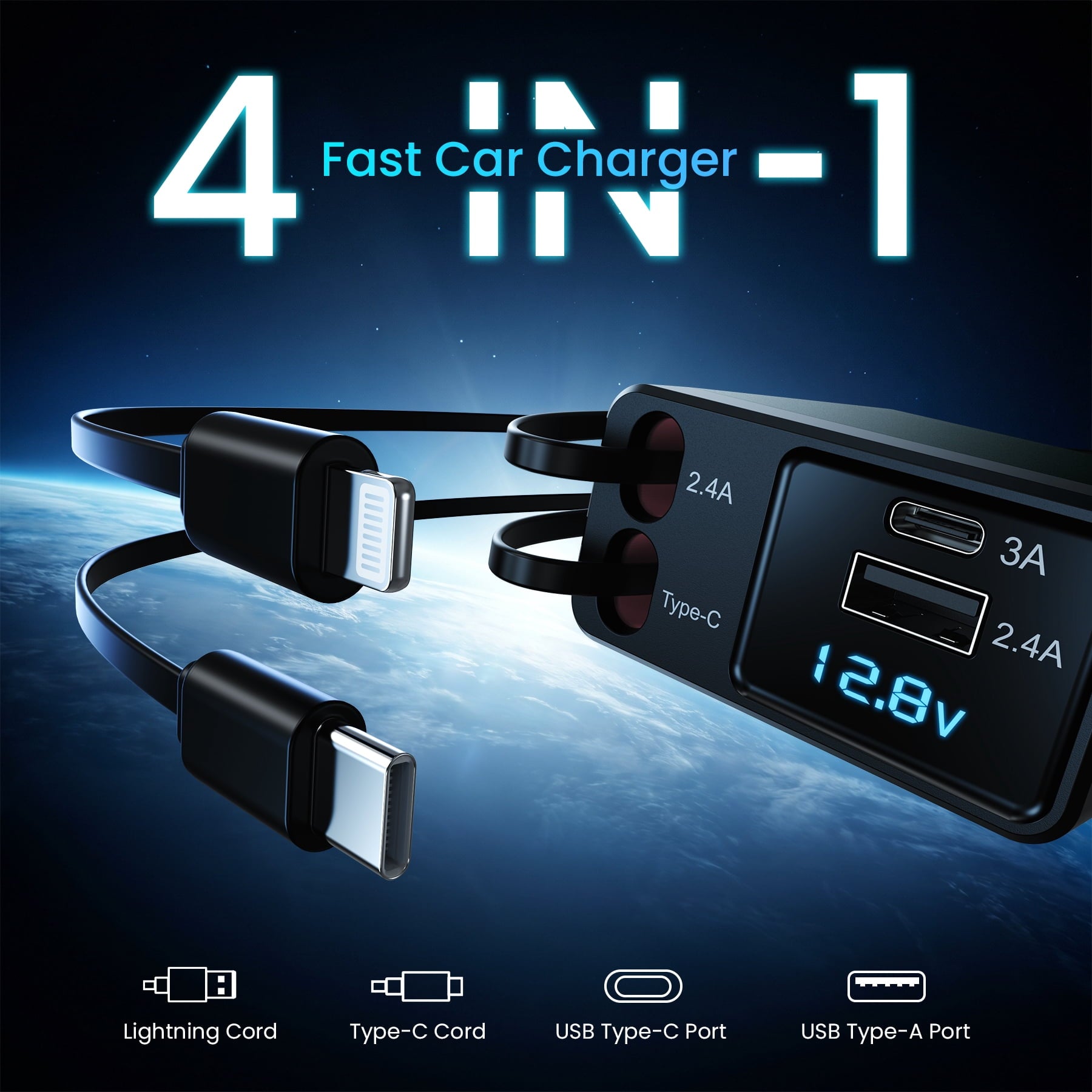 Ultimate 4-in-1 Retractable Car Charger Adapter - 150W Fast Charging with Adjustable Angle and Voltage Display in Vibrant Green