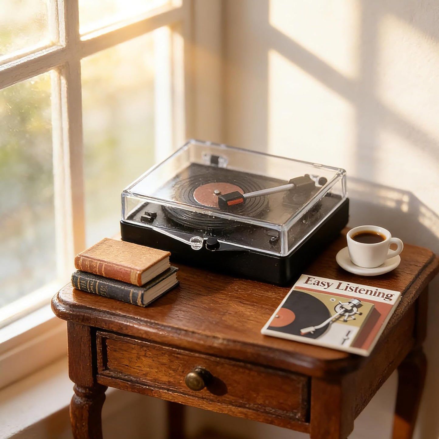 1:12 Scale Mini Record Player with 4 Pcs Miniature Records Set, Realistic Vinyl Records Model, Exquisite Dollhouse Furniture & Accessories