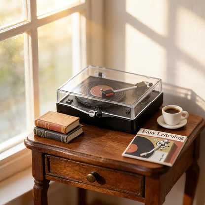 1:12 Scale Mini Record Player with 4 Pcs Miniature Records Set, Realistic Vinyl Records Model, Exquisite Dollhouse Furniture & Accessories
