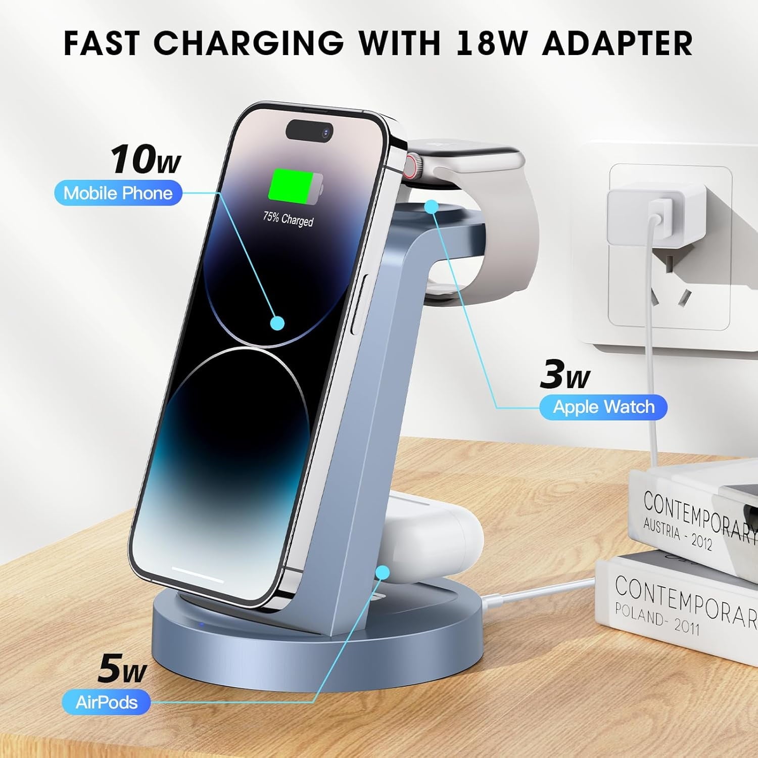Ultimate 3-in-1 Wireless Charging Station for iPhone, Apple Watch & AirPods - Fast Charging Dock in Blue